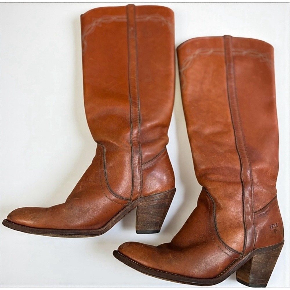 Vtg Frye 70's Campus Leather Stacked Heel Riding Boots Womens 8 Cognac Brown USA - Picture 5 of 12